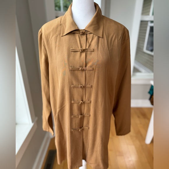 Vintage August Silk Tan Brown Silk Tunic Asian Style Jacket Dress Shirt Size 12 - Picture 12 of 12